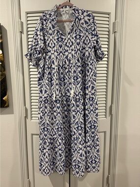 Blue and White Puff Sleeve Tiered Ikat Maxi Dress